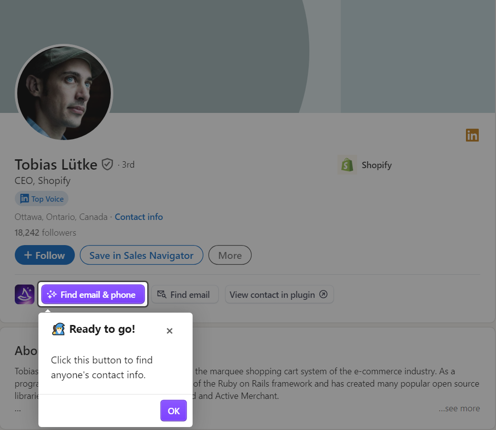 Find email and phone button on LinkedIn with Wiza's Chrome extension