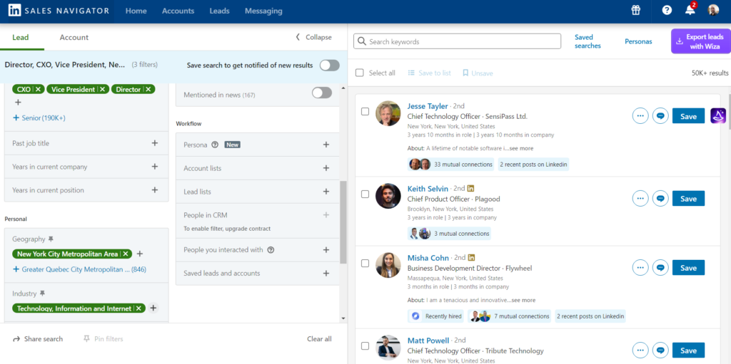 Sales Navigator search page with Wiza overlay