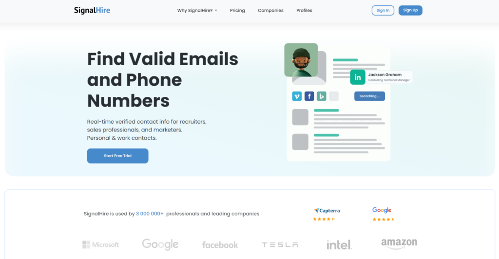 SignalHire home page - candidate sourcing tools