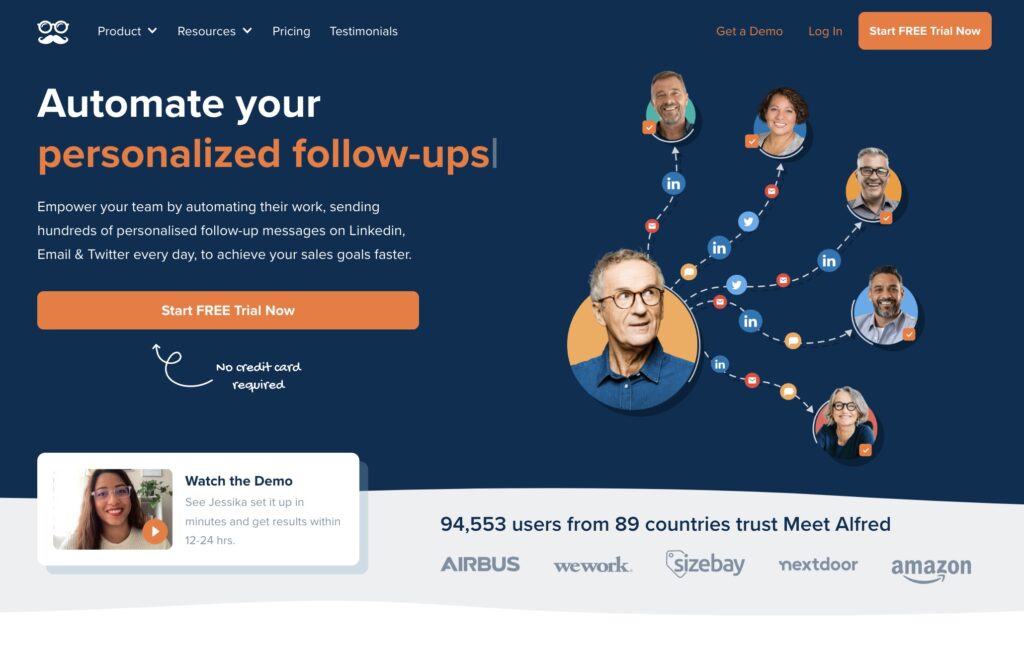 "Homepage screenshot of Meet Alfred, a LinkedIn automation tool that helps users automate their lead generation, outreach, and follow-up on LinkedIn, using advanced targeting and personalization features.