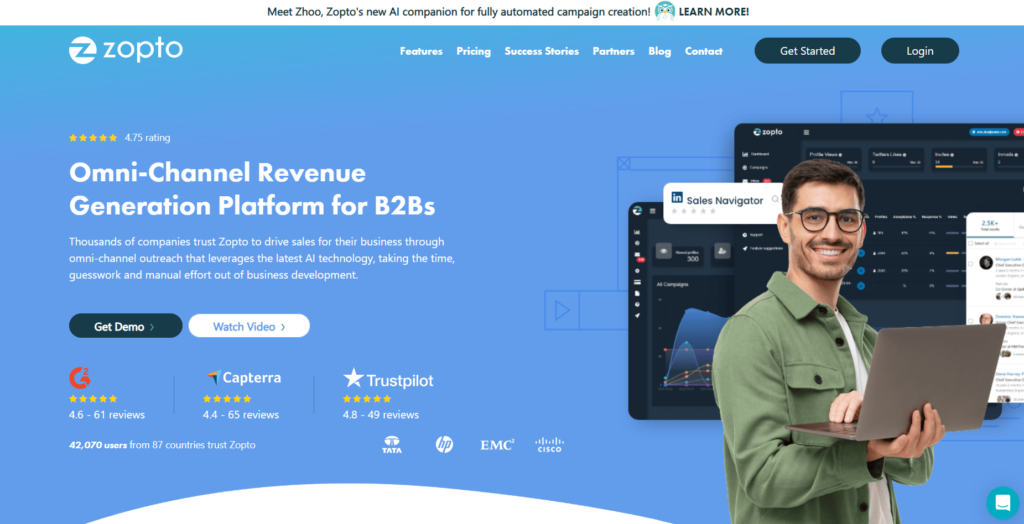 Zopto home page - out of all the LinkedIn tools for recruiters, this is best for setting up multichannel campaigns