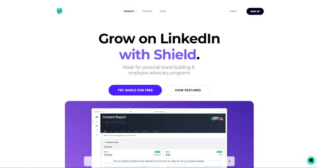 Grow on LinkedIn with stats and analytics from Shield. For personal LinkedIn profiles. Made for personal brand building and employee advocacy programs.