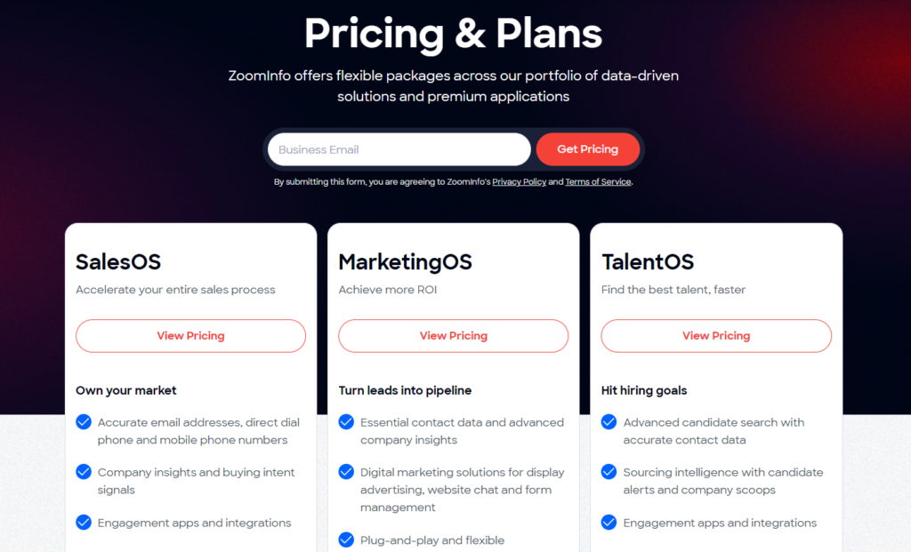 ZoomInfo offers customized pricing plans based on individual customer needs, so pricing can vary widely. Pricing depends on factors such as the number of users, the level of access to data, and the specific features needed.