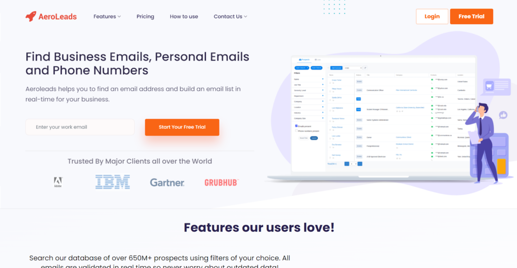 Aeroleads home page - prospecting tools