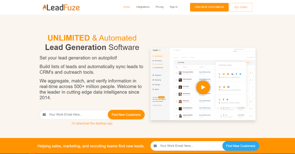 Leadfuze home page - prospecting tools