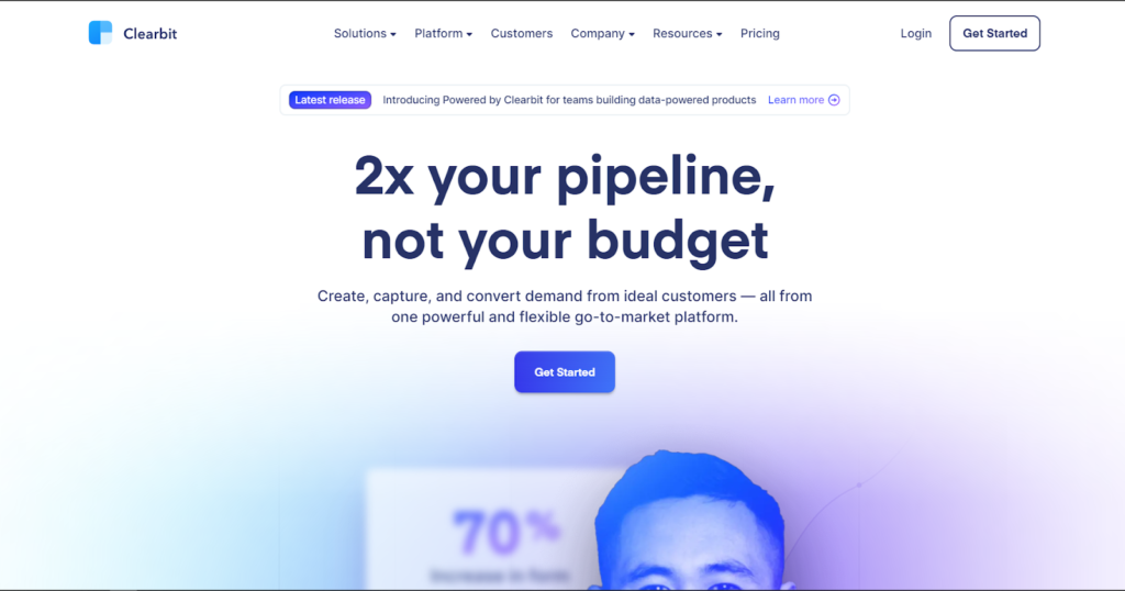 Clearbit home page - prospecting tools