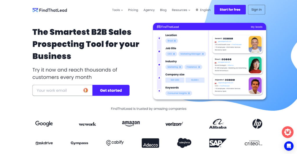 FindThatLead home page - prospecting tools