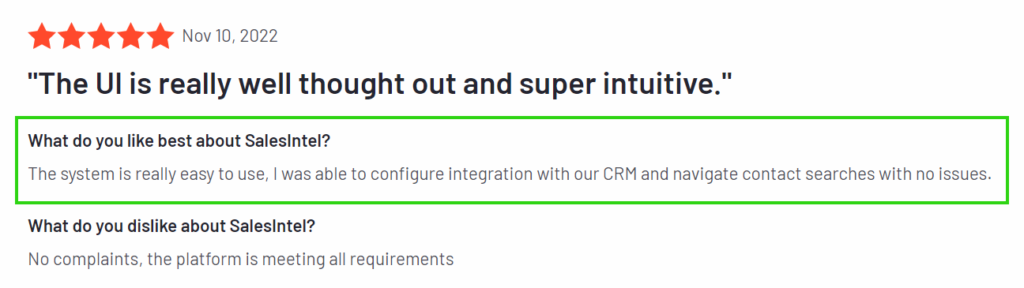 SalesIntel positive customer review