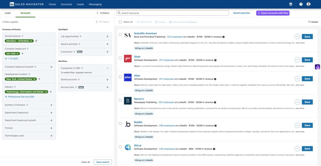 Linkedin sales navigator account filters