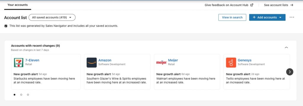 Linkedin sales navigator account real-time updates