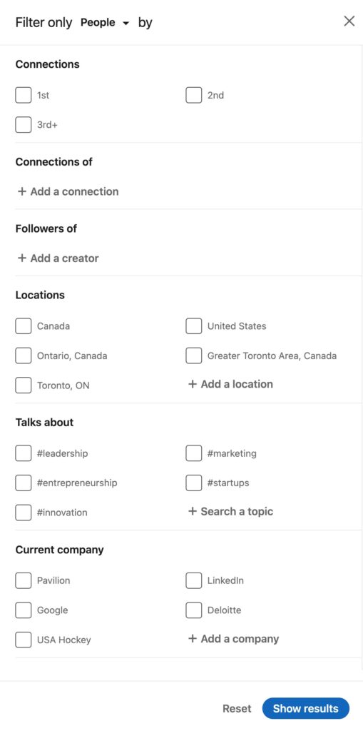 Linkedin search filters