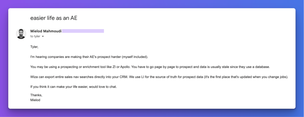 screenshot of cold email