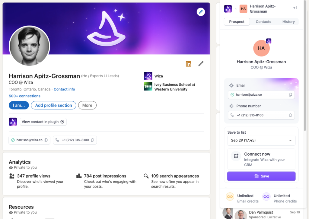Example LinkedIn Profile of Harrison Apitz-Grossman. Shows Wiza chrome extension interface on the right side of the LinkedIn Page, with a valid email and phone number visible. 
