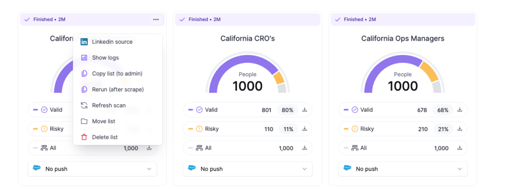 Three lists from within Wiza account showing the fact that there is a dropdown menu from each saved list, with options to re-run the scan or refresh the scan.