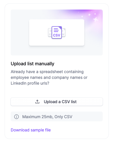wiza UI showing place to upload csv