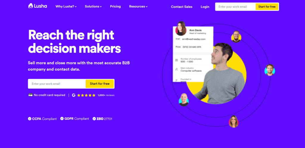 Screenshot of Lusha homepage, one of the best Evaboot alternatives.