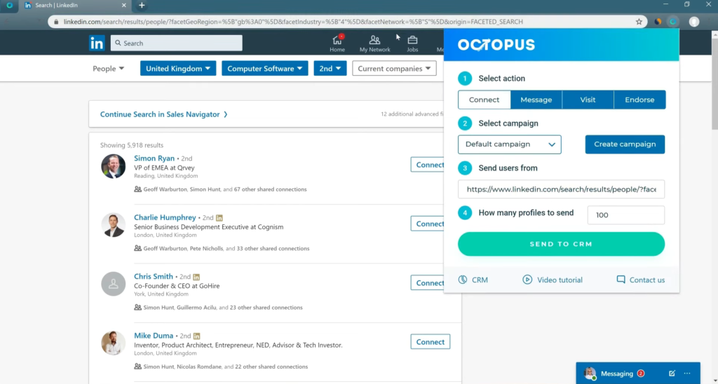 Octopus Chrome extension LinkedIn interface