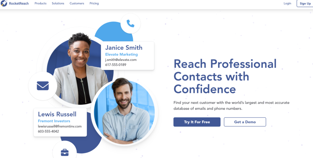 Screenshot of RocketReach homepage, one of the best Evaboot alternatives.