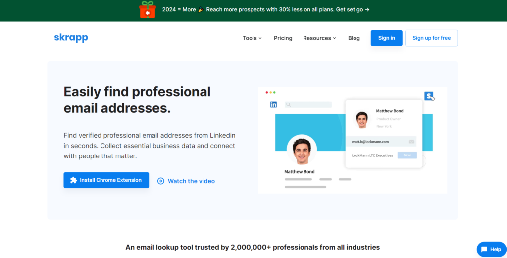 Screenshot of Skrapp homepage, one of the best Evaboot alternatives.