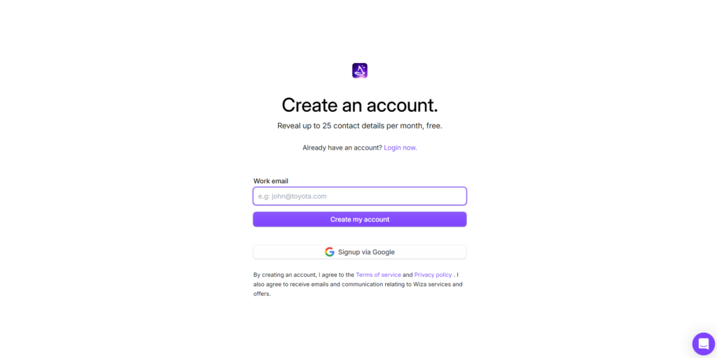 Wiza sign up screen