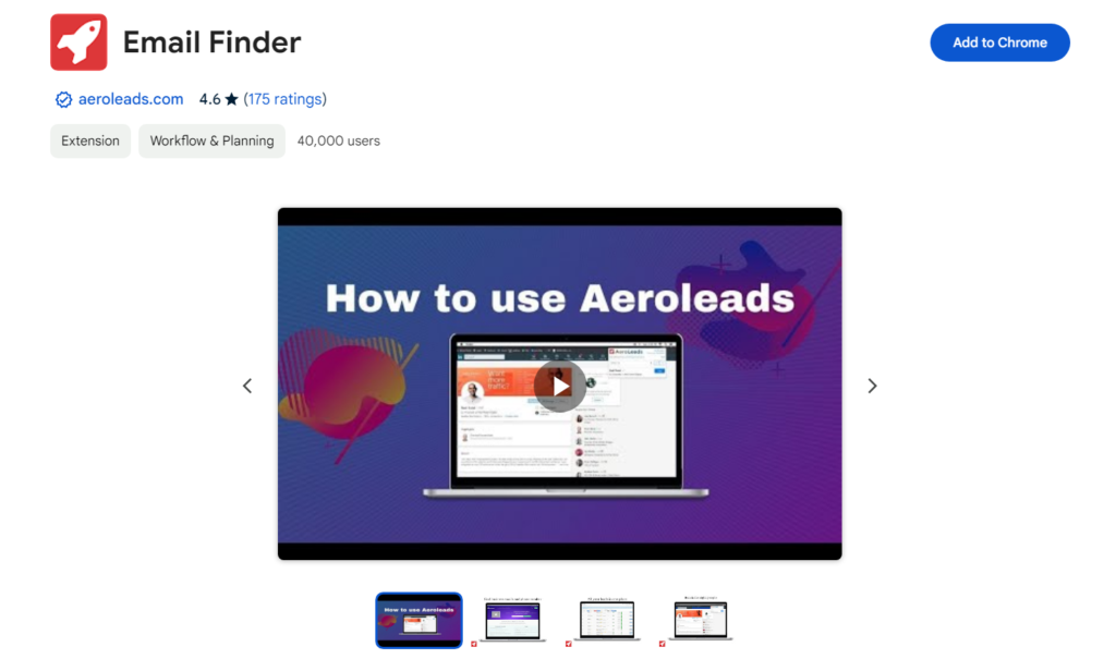Aeroleads email finder Chrome extension in the Chrome web store