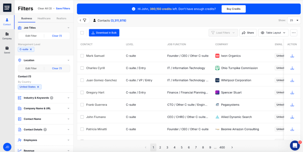 Screenshot of BookYourData's free B2B contact database