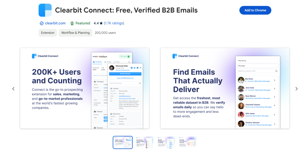 Clearbit Chrome extension in the Chrome web store