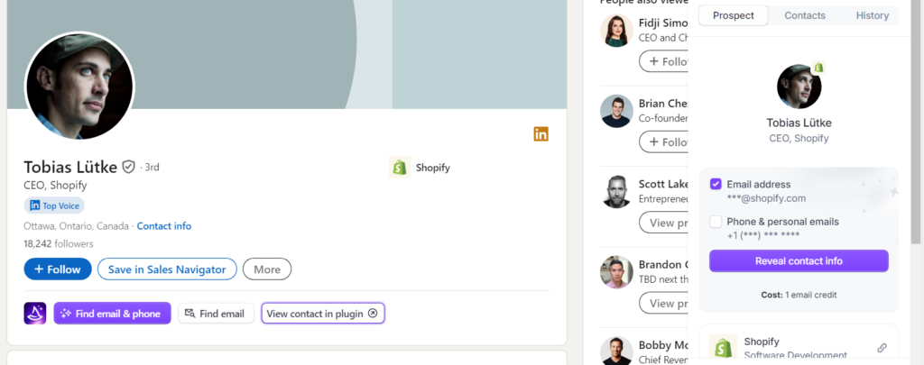 A screenshot of a LinkedIn profile with the Wiza overlay for exporting contact info.