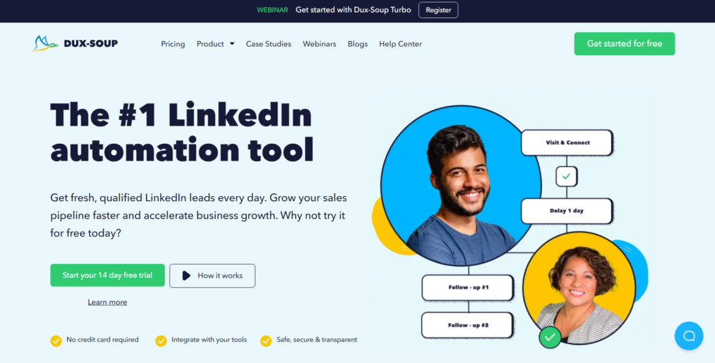 Dux-Soup home page - best for automated lead generation out of all of the LinkedIn tools for recruiters