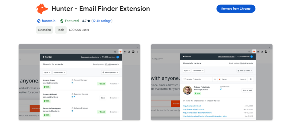 Hunter Email Finder Chrome extension in the Chrome web store