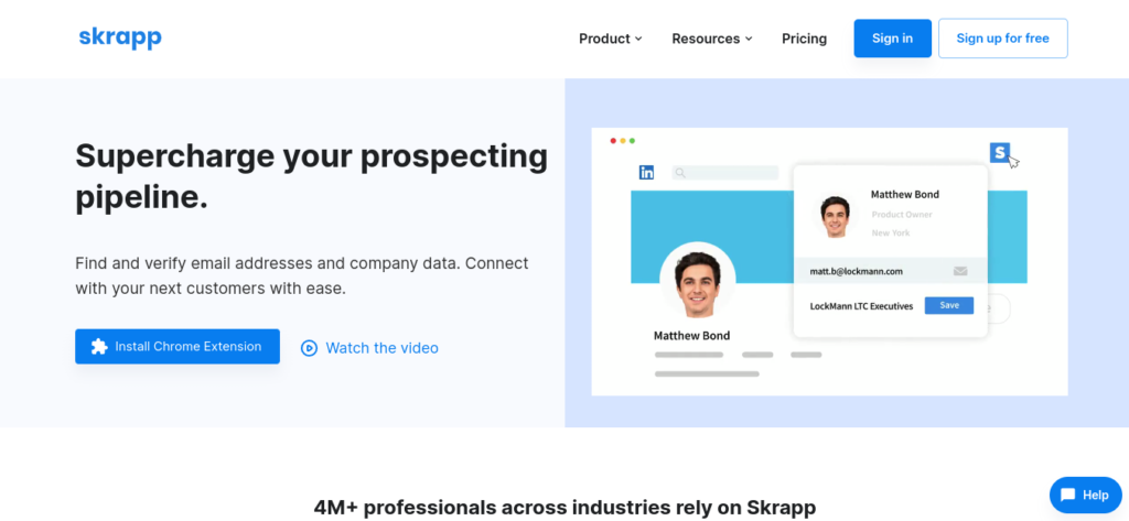 Skrapp home page - out of all the LinkedIn tools for recruiters, this is best for turning your browser into a candidate email search tool