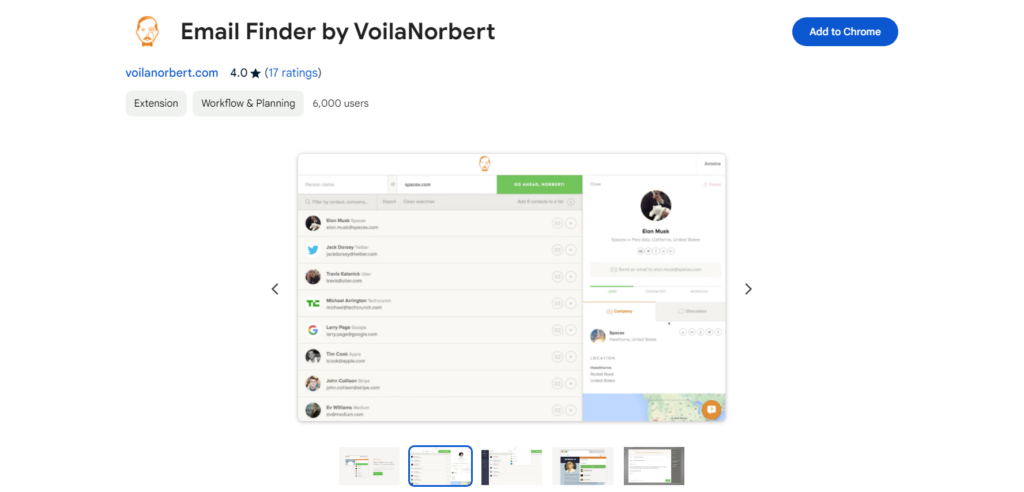 The Email Finder by VoilaNorbert Chrome extension in the Chrome web store