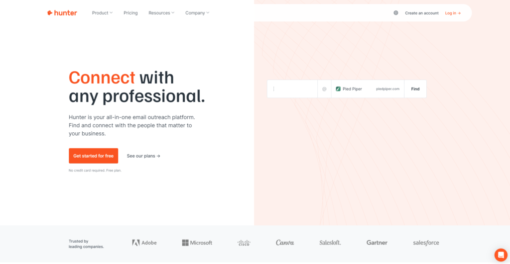 Hunter.io home page - prospecting tools