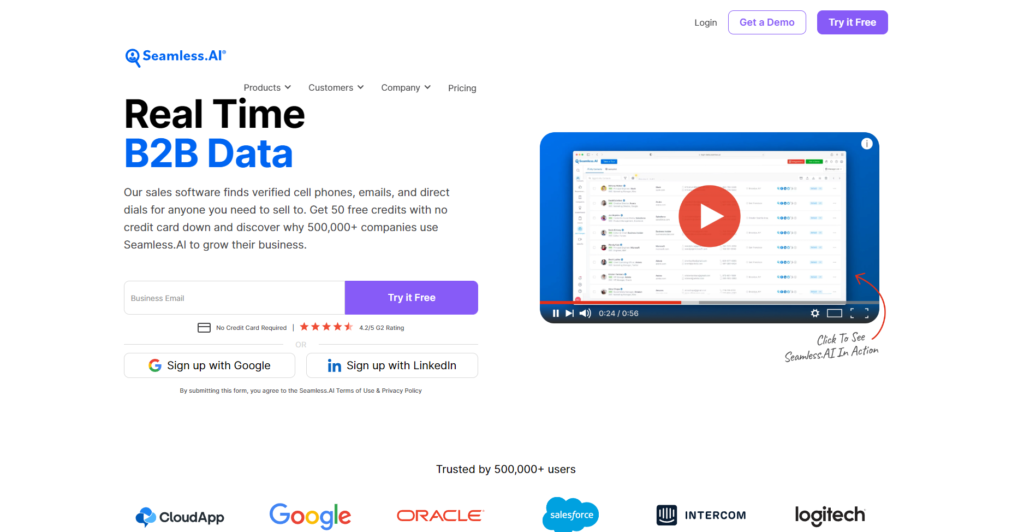 Seamless.AI home page - prospecting tools