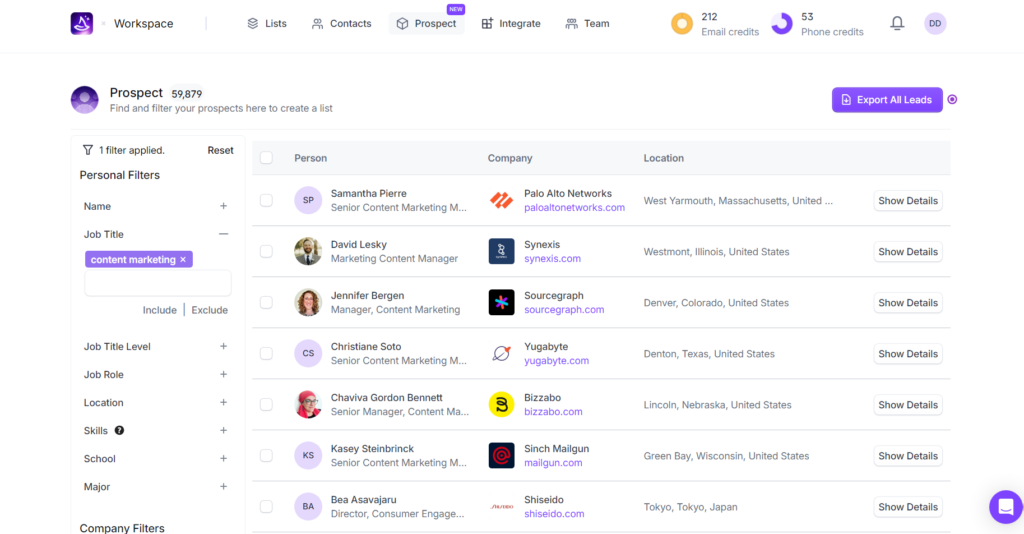 Screenshot of the new Wiza Prospect