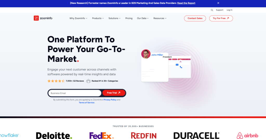ZoomInfo home page - prospecting tools